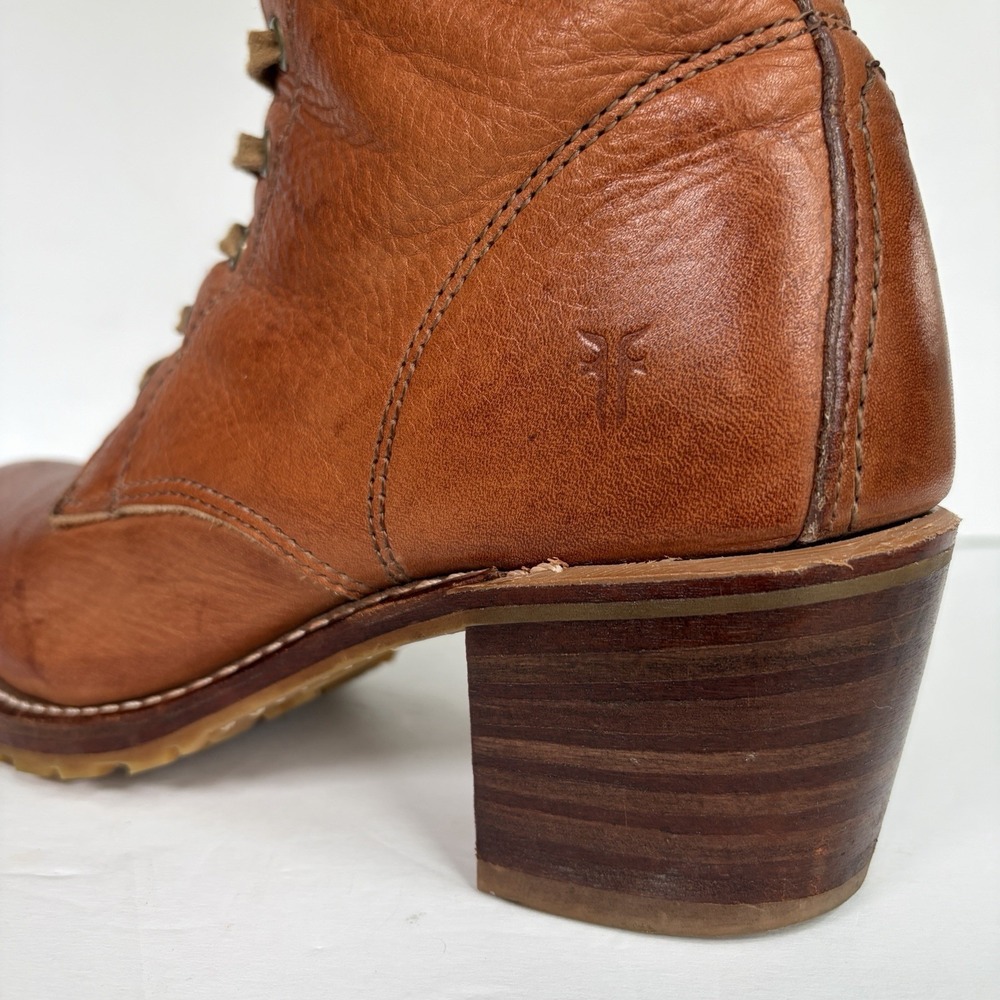 Vintage Frye Sabrina 6G Lace Up Boot 7.5 Saddle Leather Made USA Vibram Lug Heel - Picture 8 of 16